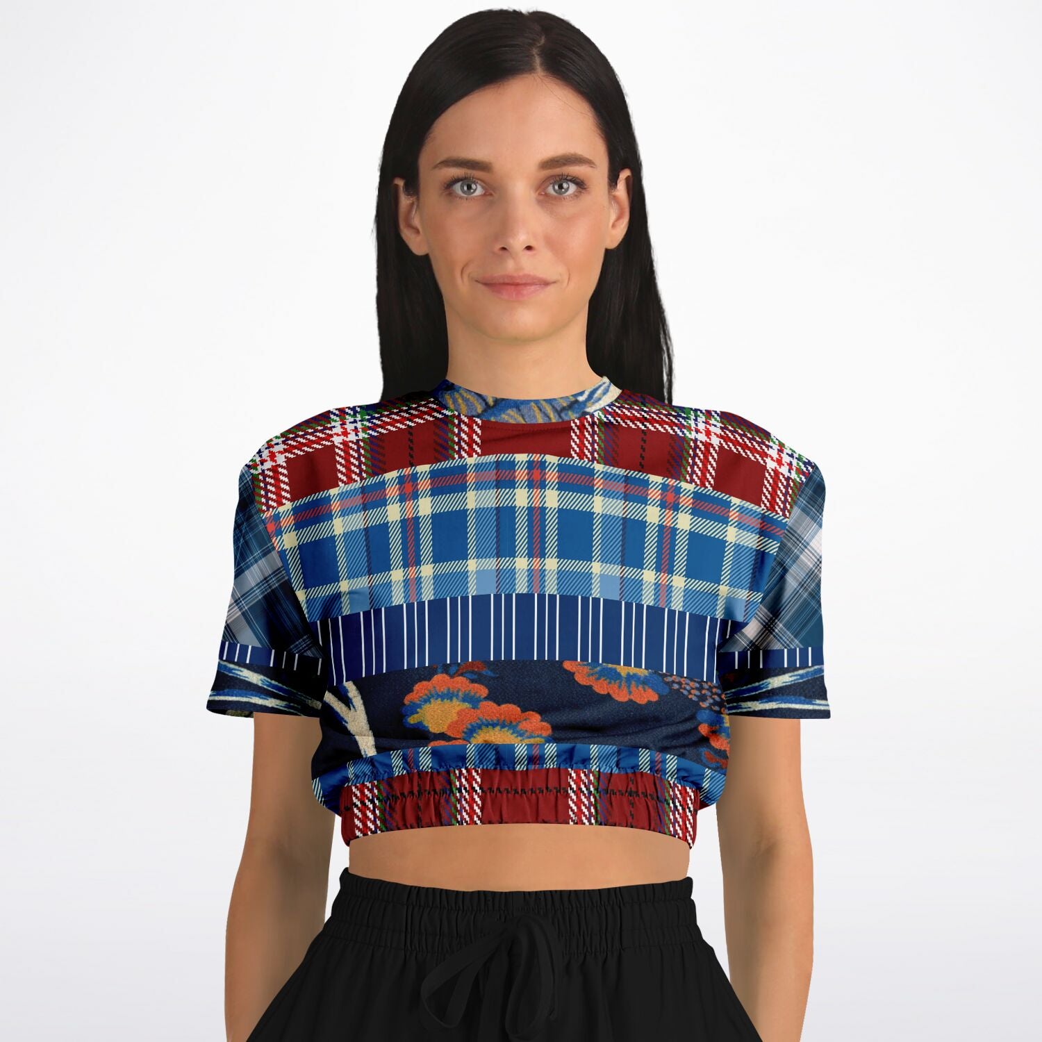 Andromeda Blue Plaid Eco-Poly Short Sleeve Cropped Sweater