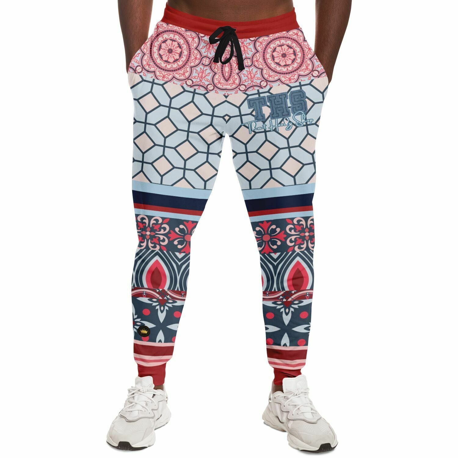 Joggers unisex de poliéster ecológico Montauk Geo Patchwork rosa 