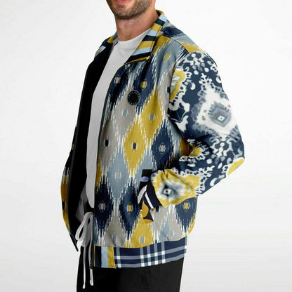 Chaqueta deportiva unisex de poliéster ecológico batik indio azul marino real y amarillo 