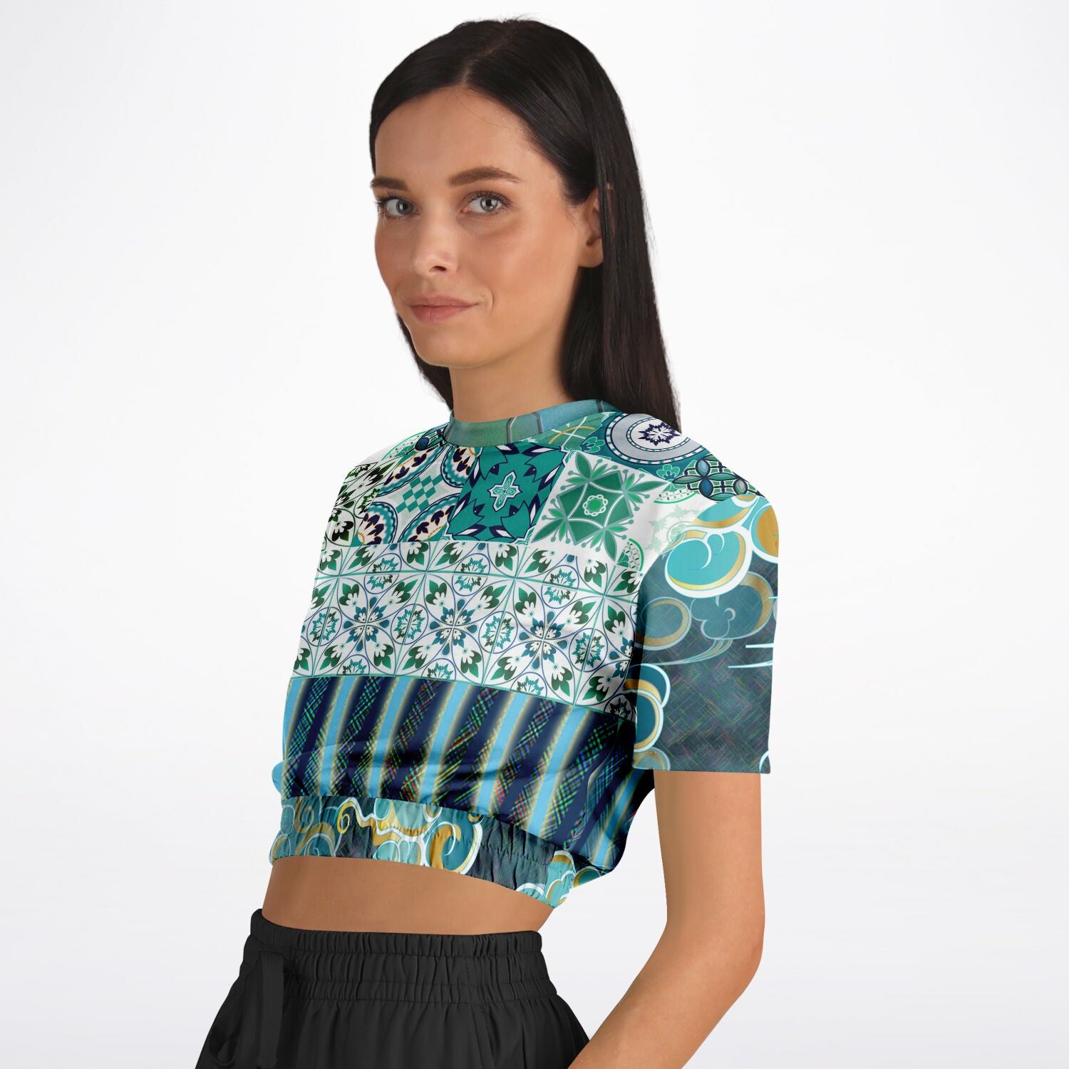 Green Meknes Mosaic Tile Eco-Poly Short Sleeve Cropped Sweater