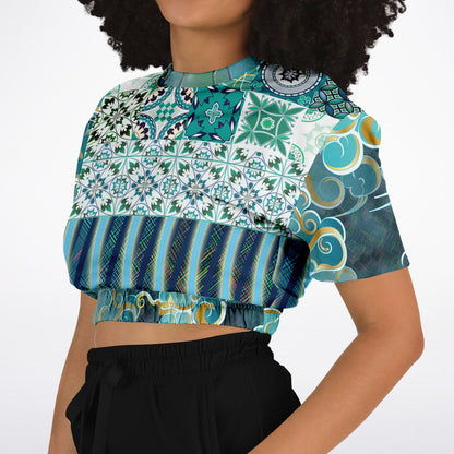 Green Meknes Mosaic Tile Eco-Poly Short Sleeve Cropped Sweater