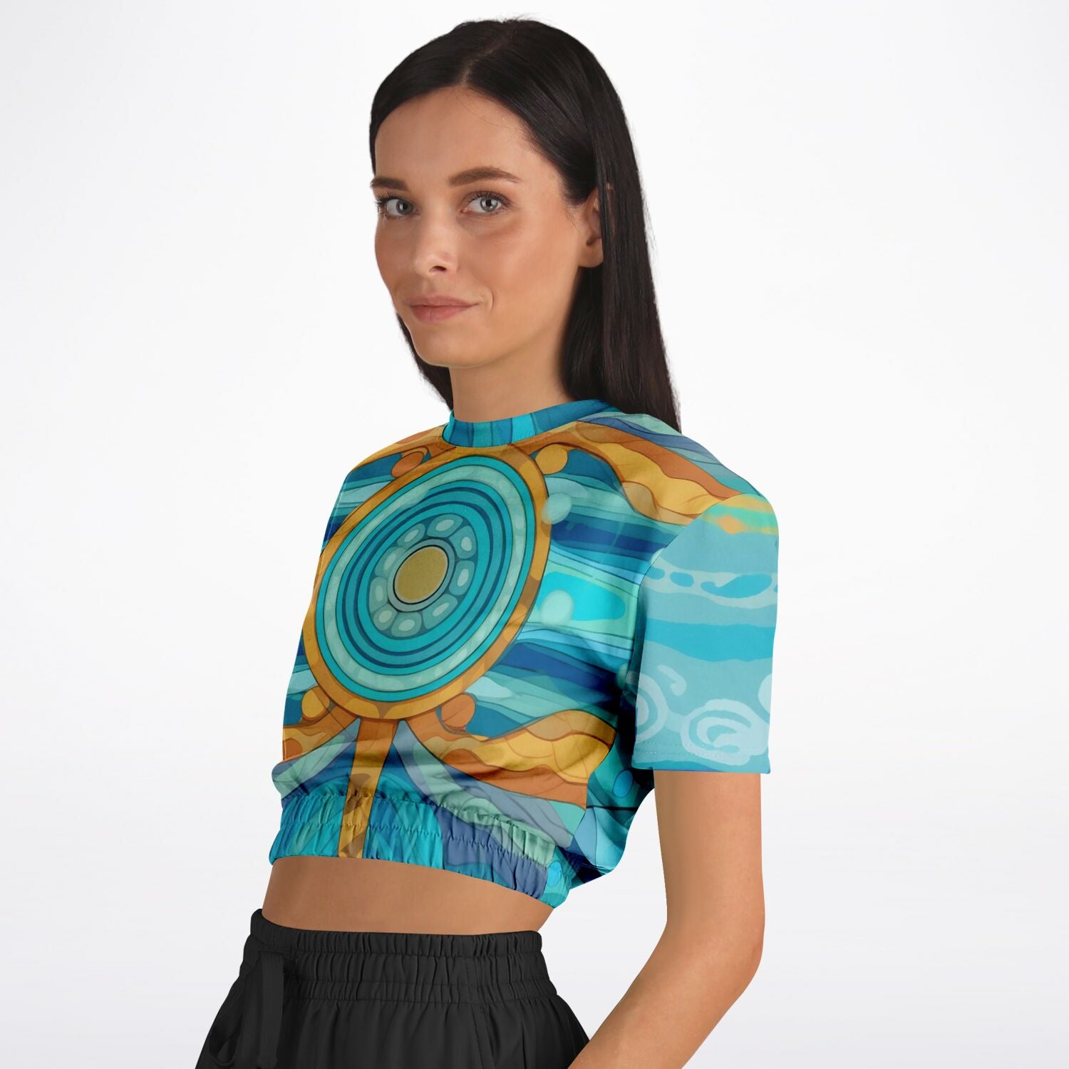 Bahamian Blue Waves Compass Eco-Poly Short Sleeve Cropped Sweater