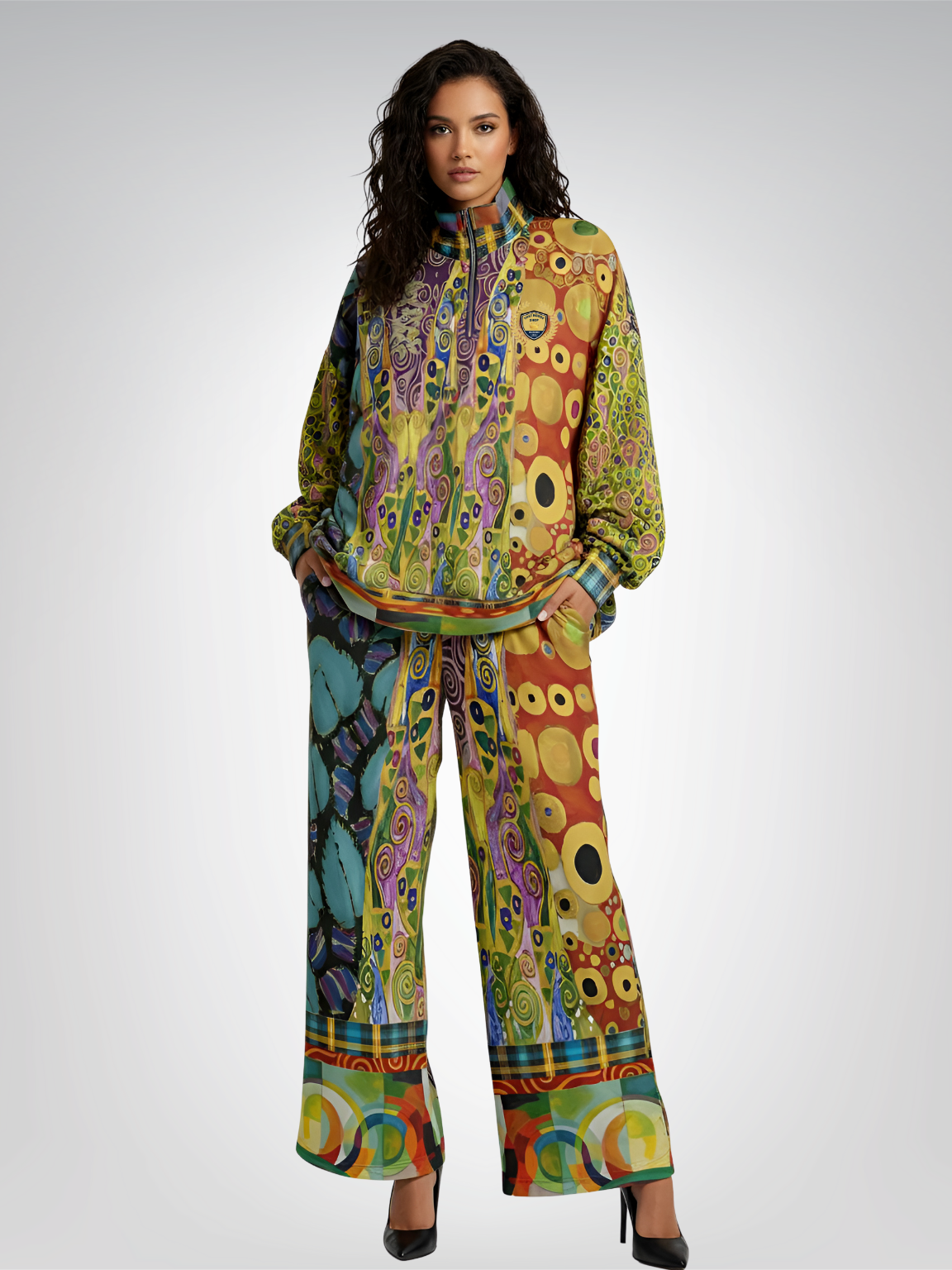 Call Me Fritza Art Deco Print Eco-Poly Wide Leg Pants