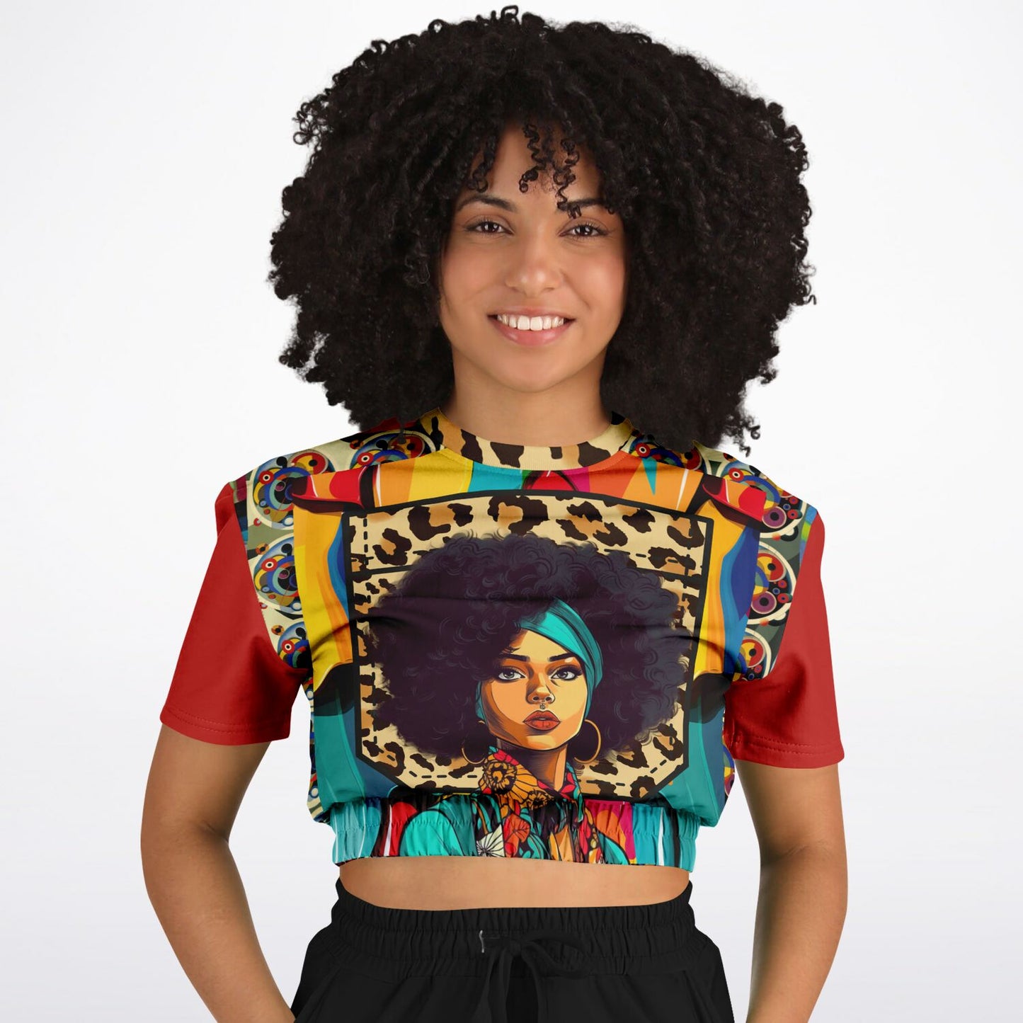 Afro-Queen Solace Cheetah Rainbow Geo Eco-Poly suéter corto de manga corta 