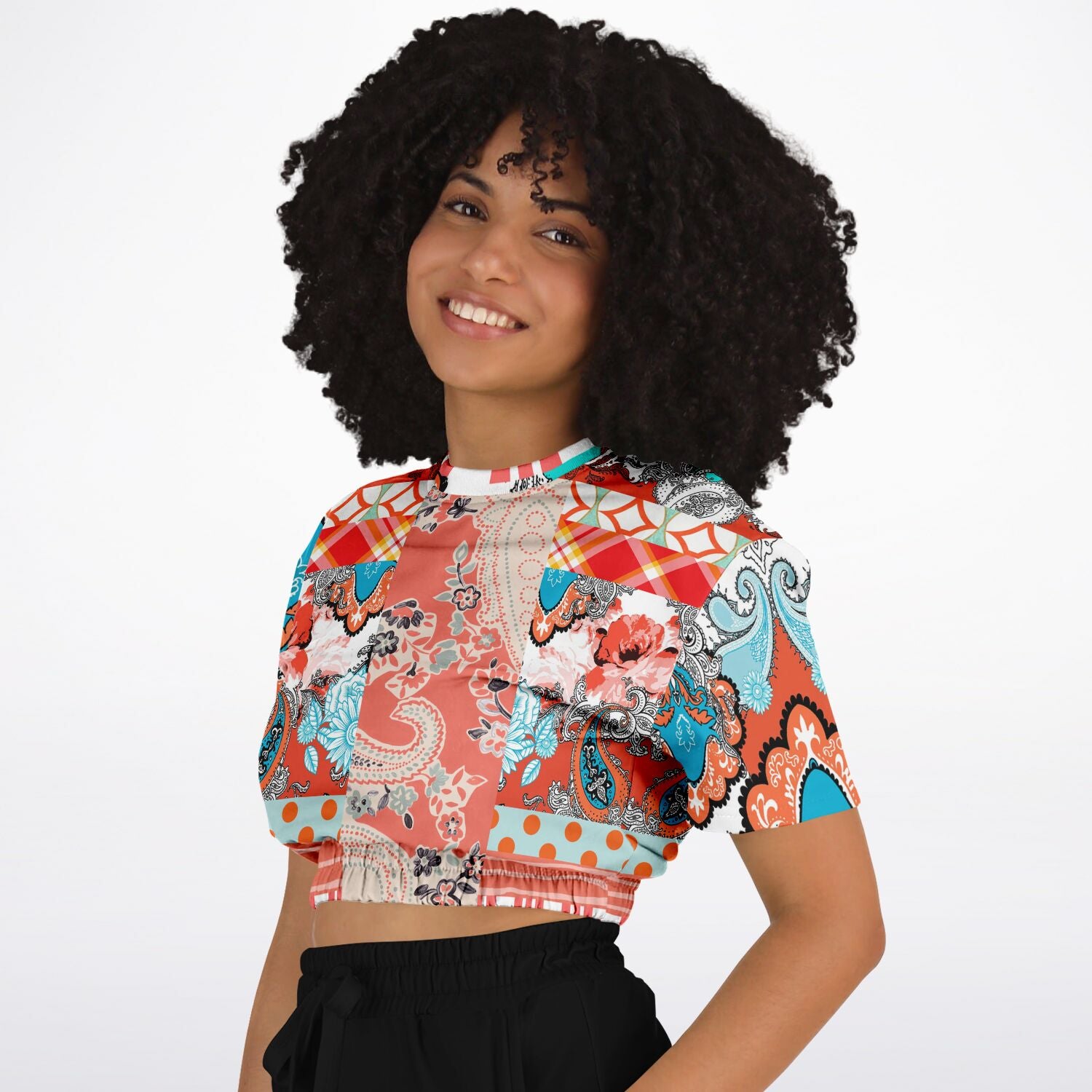 Coral Springs Hippie Patchwork Eco-Poly Short Sleeve Cropped Sweater