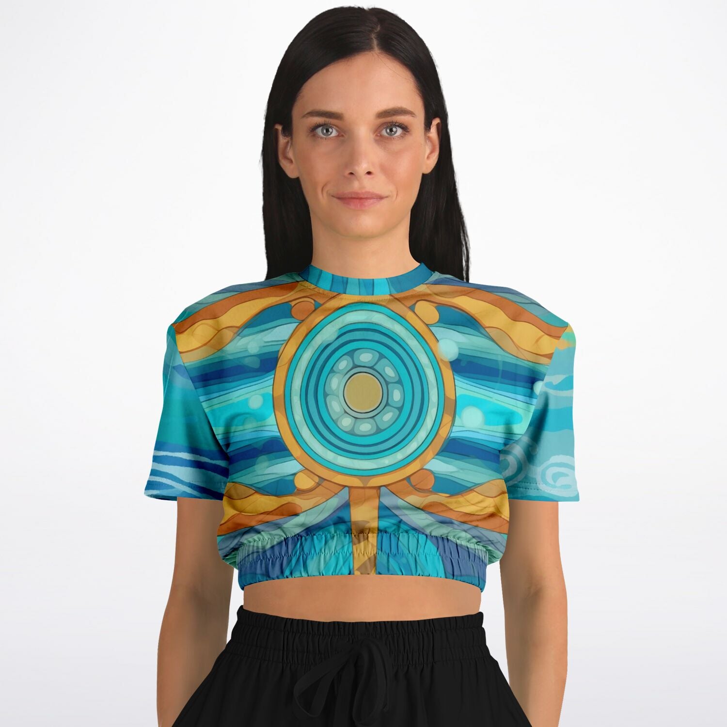 Bahamian Blue Waves Compass Eco-Poly Short Sleeve Cropped Sweater