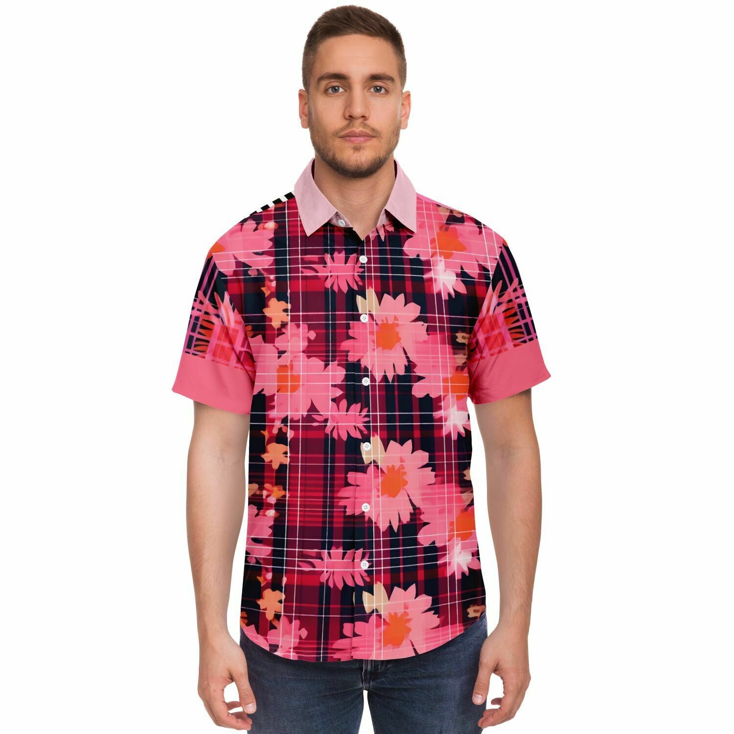 Camisa con botones de manga corta floral a cuadros de crisantemo rosa 