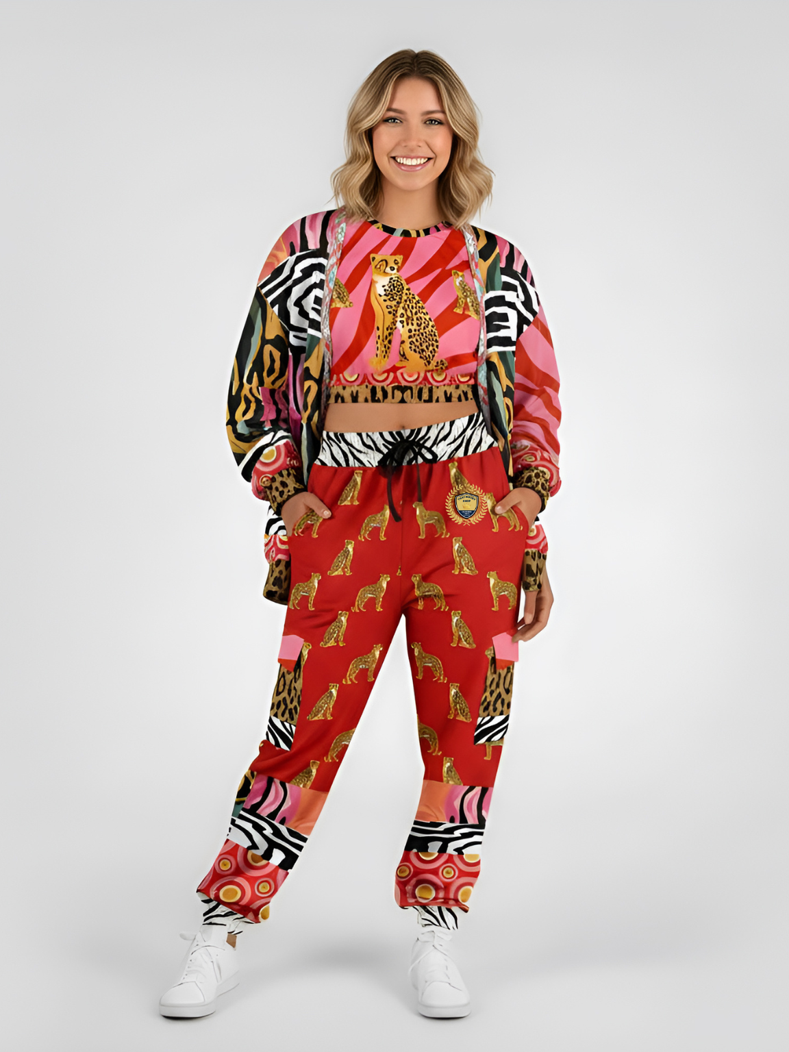 Cheetah in Pink Tiger Stripes Eco-Poly Short Sleeve Cropped Pullover