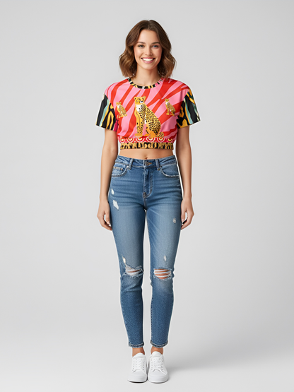 Cheetah in Pink Tiger Stripes Eco-Poly Short Sleeve Cropped Pullover