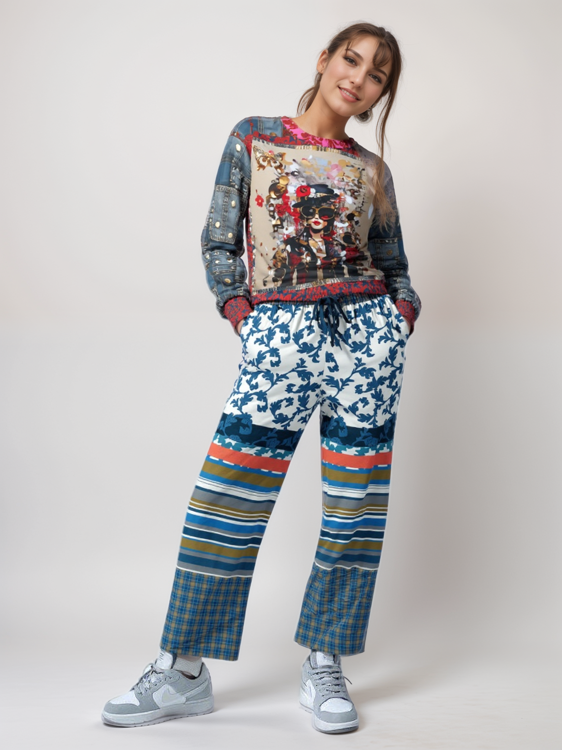 City Girl on Edge Steampunk Style Denim Patchwork Print Unisex Sweatshirt (Gold Label)