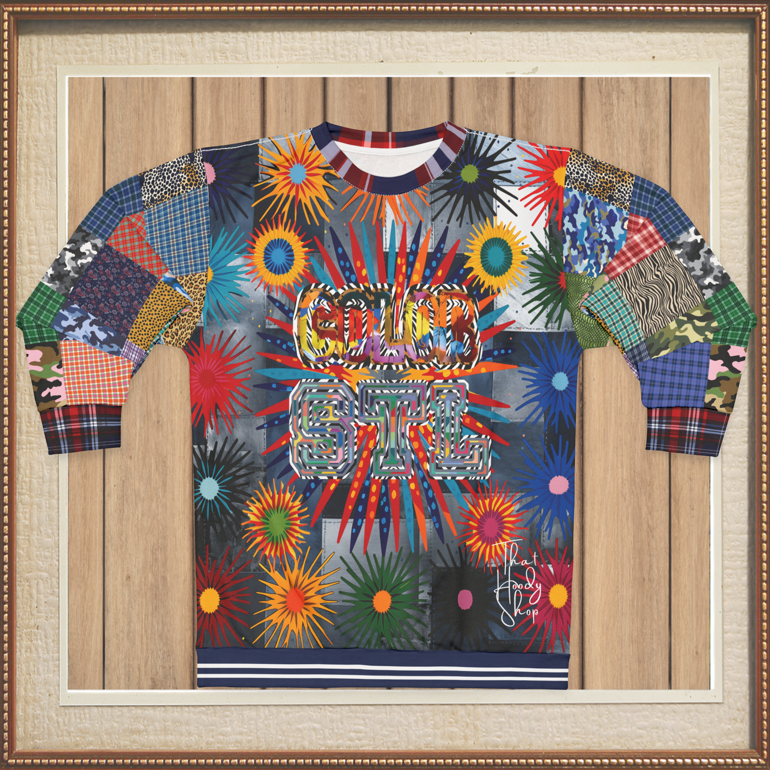 Color Revolution Denim Patchwork Print Unisex Sweatshirt (Gold Label)