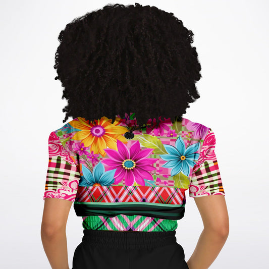 Cool Pink Jubilee Red Plaid Eco-Poly Short Sleeve Cropped Pullover