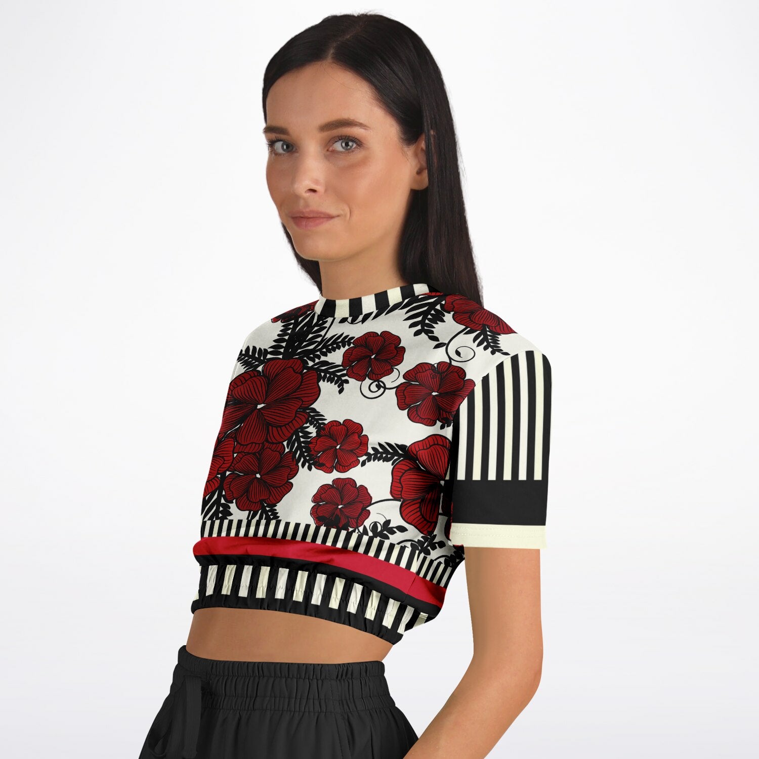 Moonlight in the Twilight Floral Stripe Eco-Poly Cropped Short Sleeve Sweater