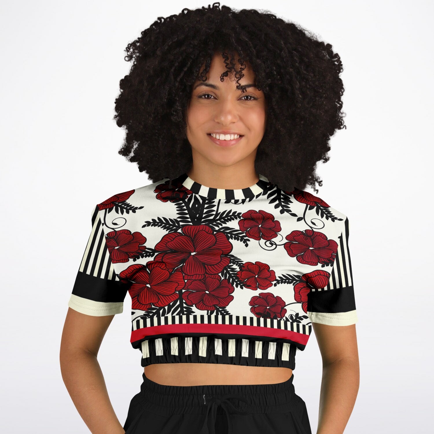 Moonlight in the Twilight Floral Stripe Eco-Poly Cropped Short Sleeve Sweater