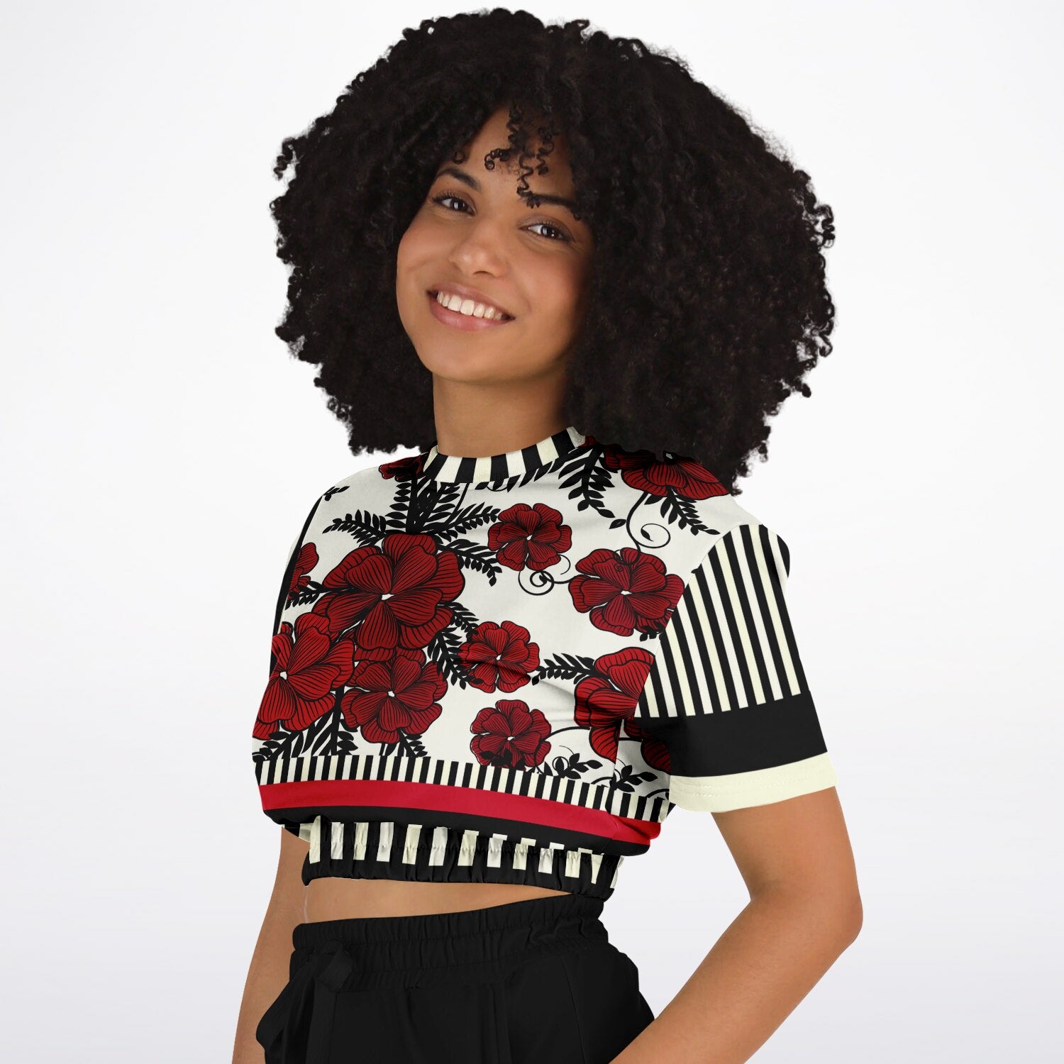 Moonlight in the Twilight Floral Stripe Eco-Poly Cropped Short Sleeve Sweater