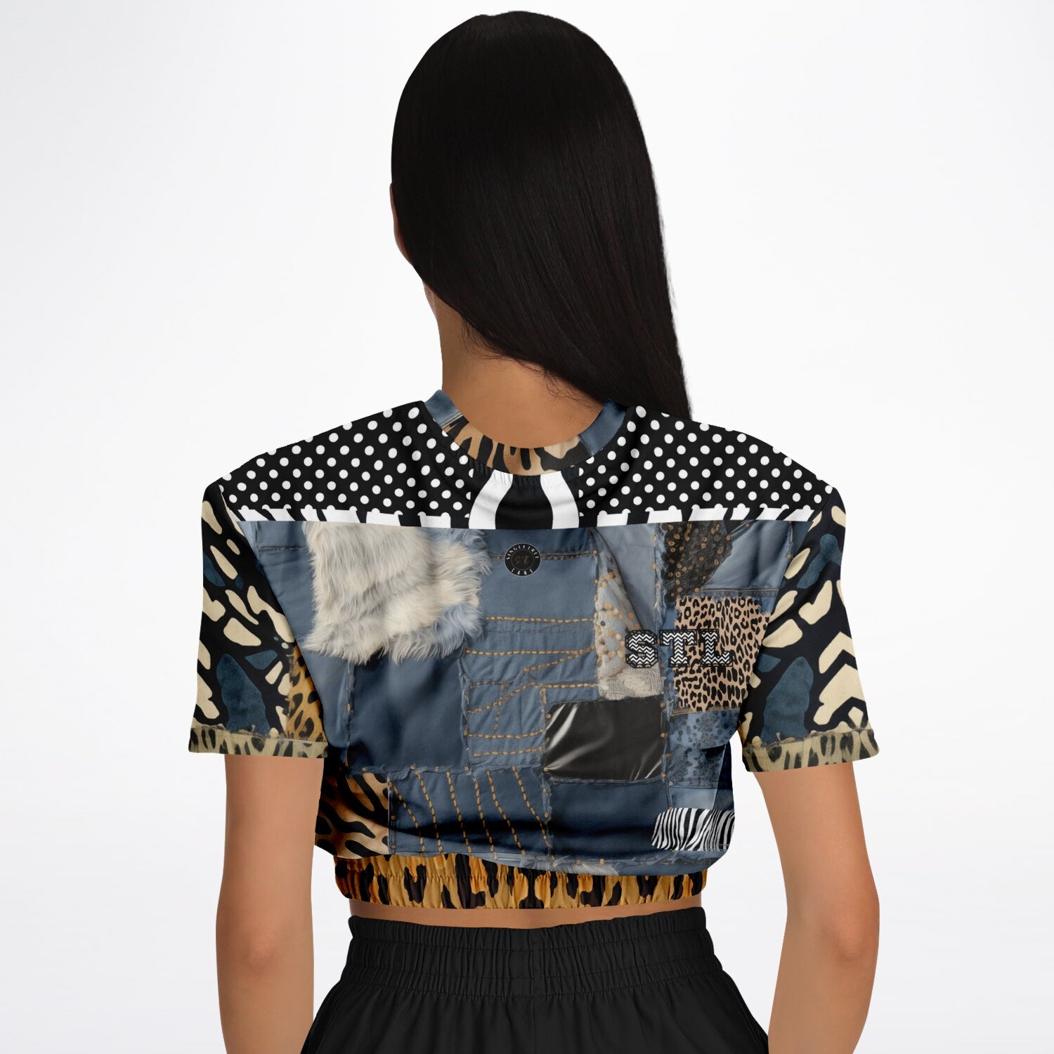 Curly Magoo Wild Denim Patchwork Eco-Poly Cropped Pullover