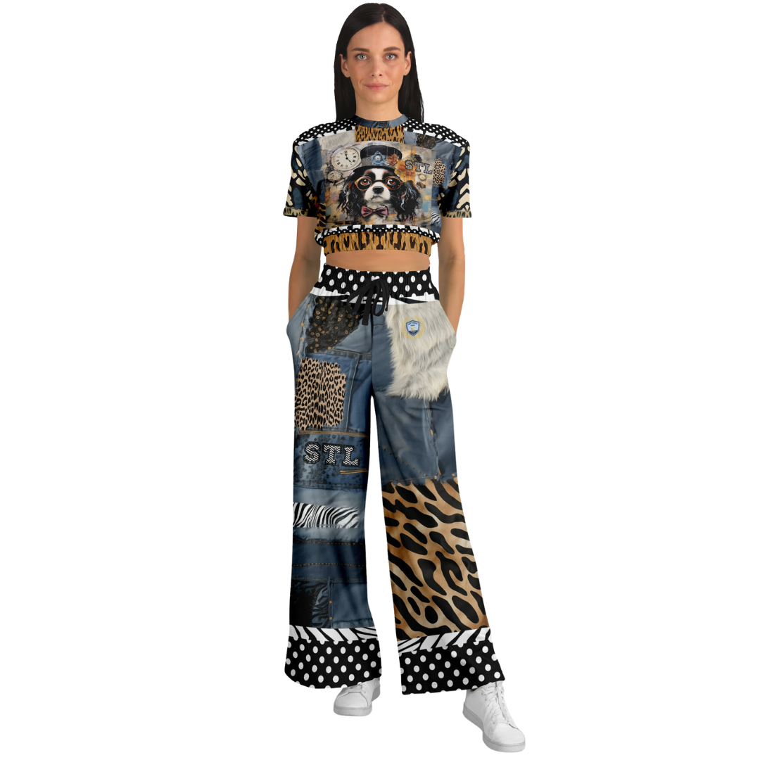 Curly Magoo Wild Denim Patchwork Eco-Poly Cropped Pullover