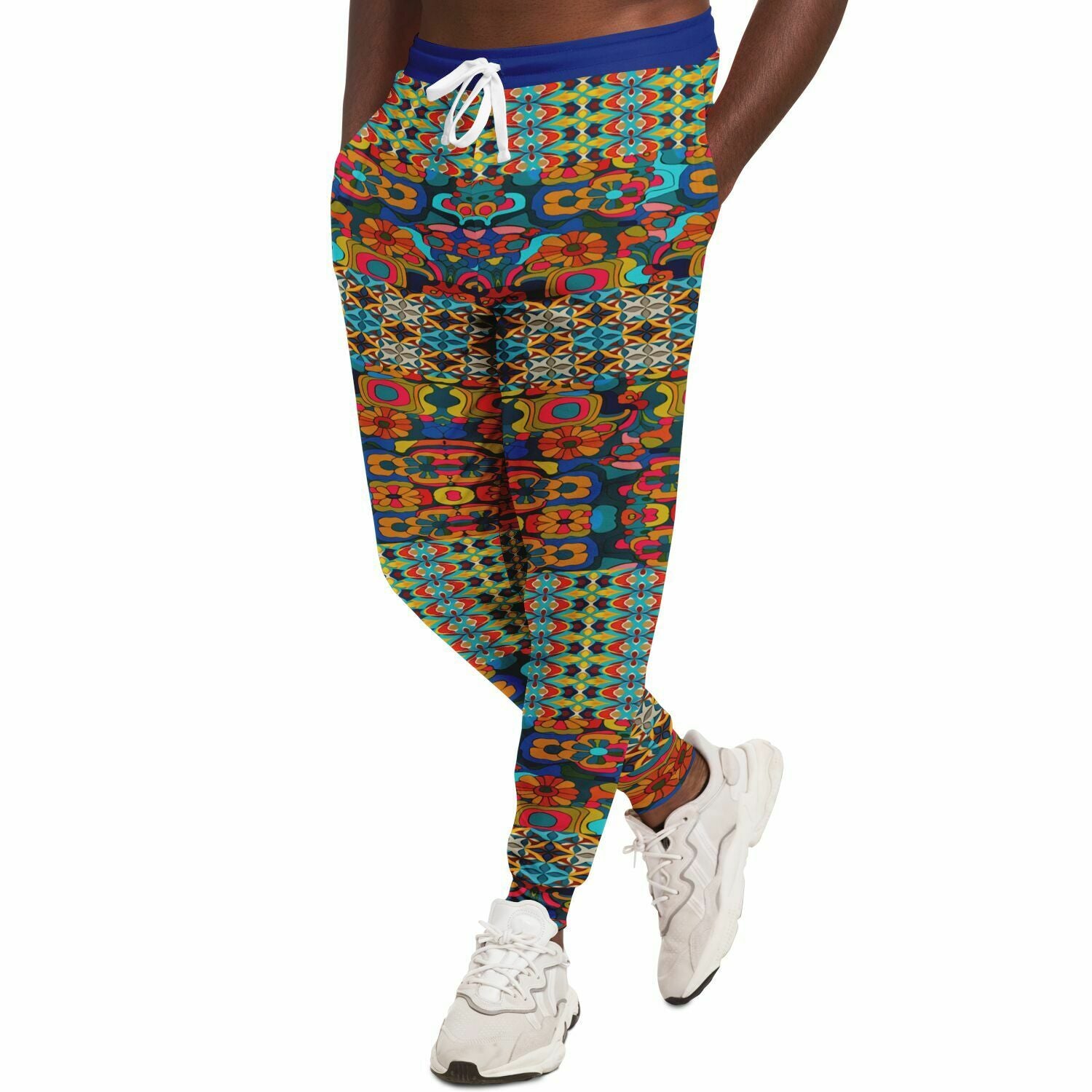 Joggers unisex de poliéster ecológico con diseño geométrico en azul de Cool Chick 