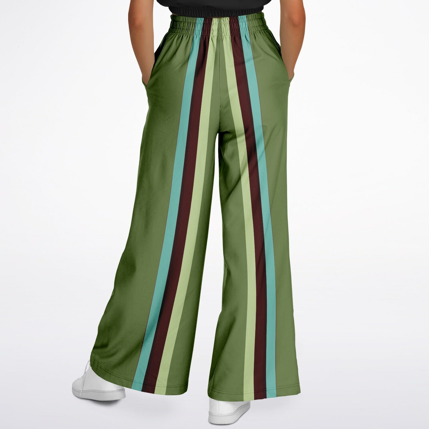 Green Caravan Striped Floral Eco-Poly Wide Leg Pants