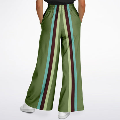 Green Caravan Striped Floral Eco-Poly Wide Leg Pants