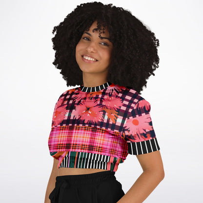 Pink Chrysanthemum Plaid Floral Eco-Poly Short Sleeve Cropped Sweater