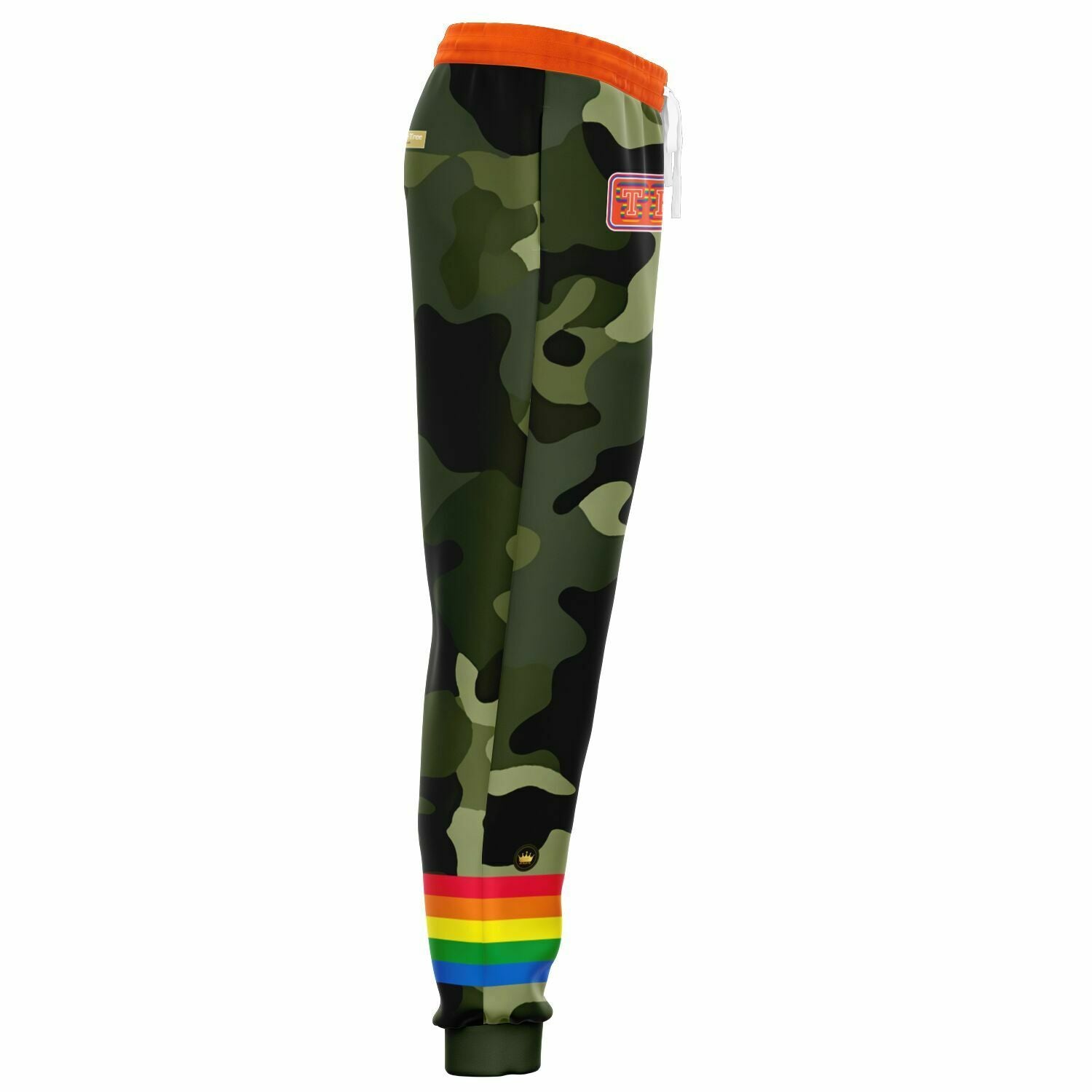 Joggers unisex de poliéster ecológico con rayas arcoíris y camuflaje verde 