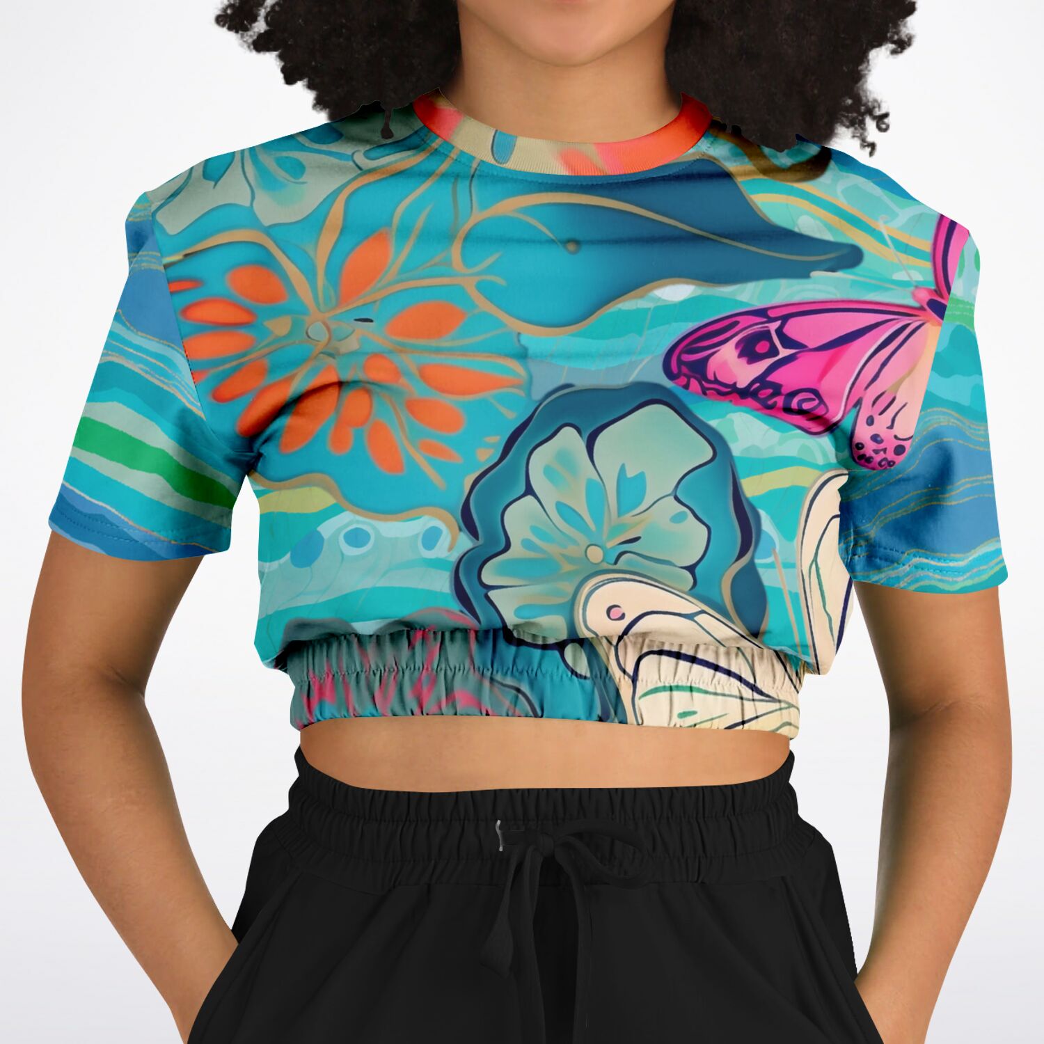 Bahamian Blue Waves Butterfly Eco-Poly Short Sleeve Cropped Sweatshirt