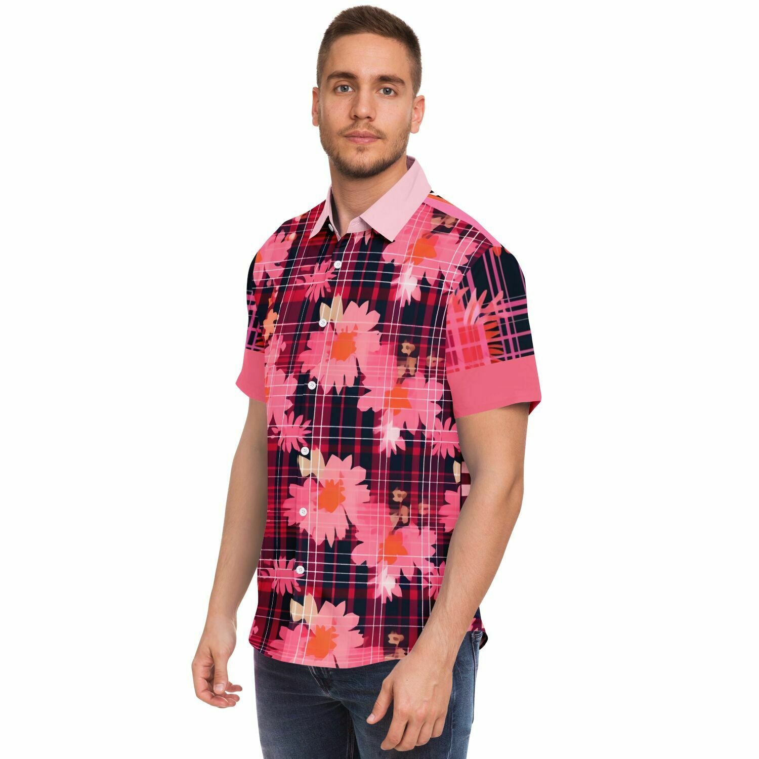 Camisa con botones de manga corta floral a cuadros de crisantemo rosa 