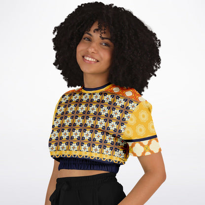 Gypsy Harvest Patchwork Eco-Poly Short Sleeve Cropped Sweater