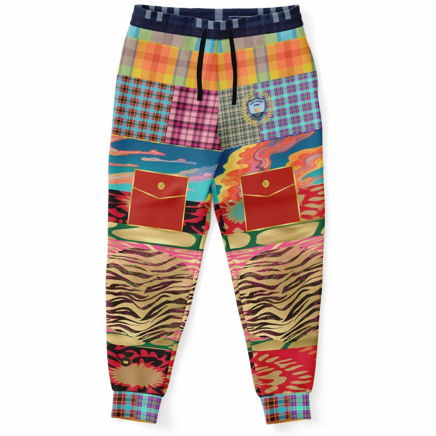 Walking the Runway Joggers unisex de eco-poliéster con patchwork de cebra