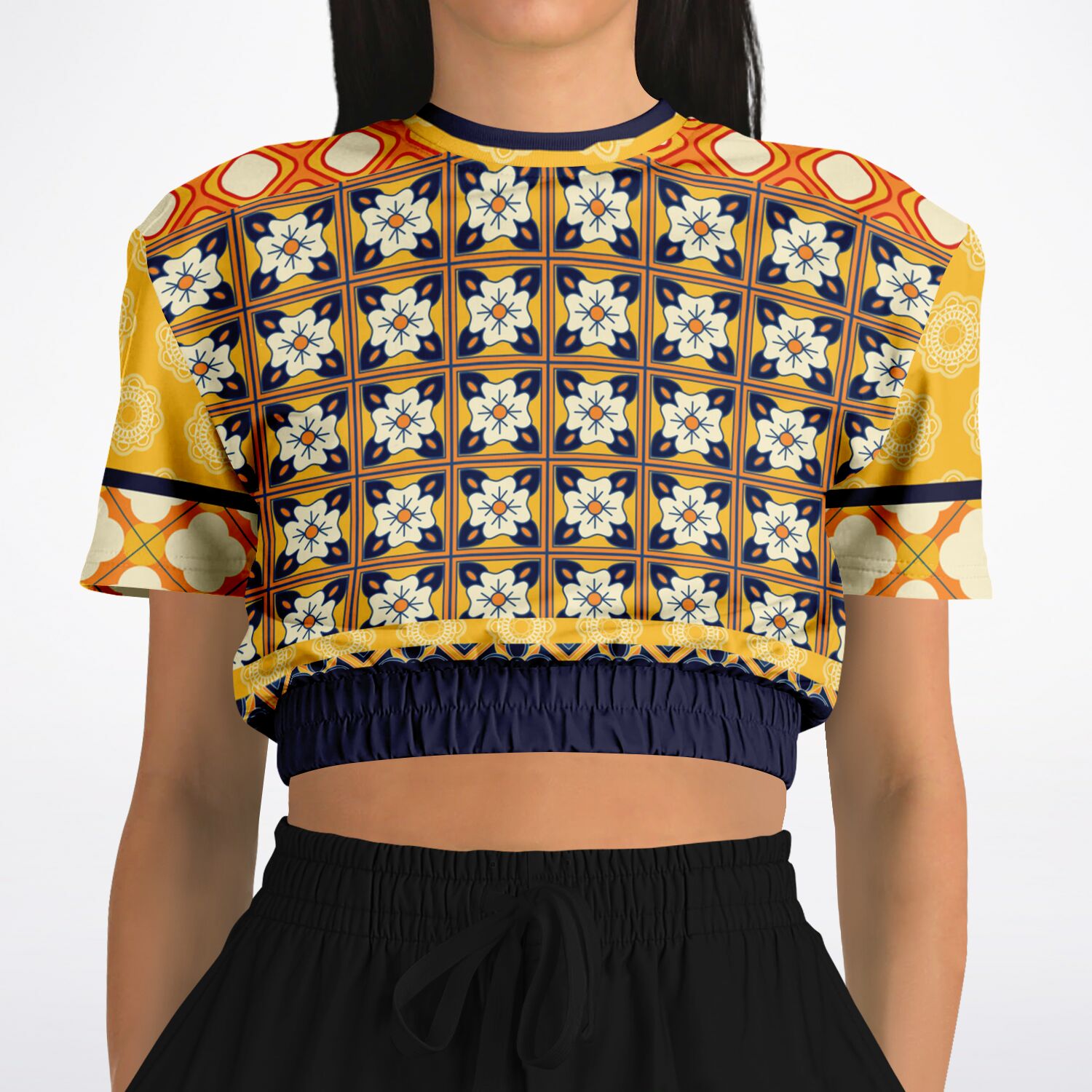 Gypsy Harvest Patchwork Eco-Poly Short Sleeve Cropped Sweater