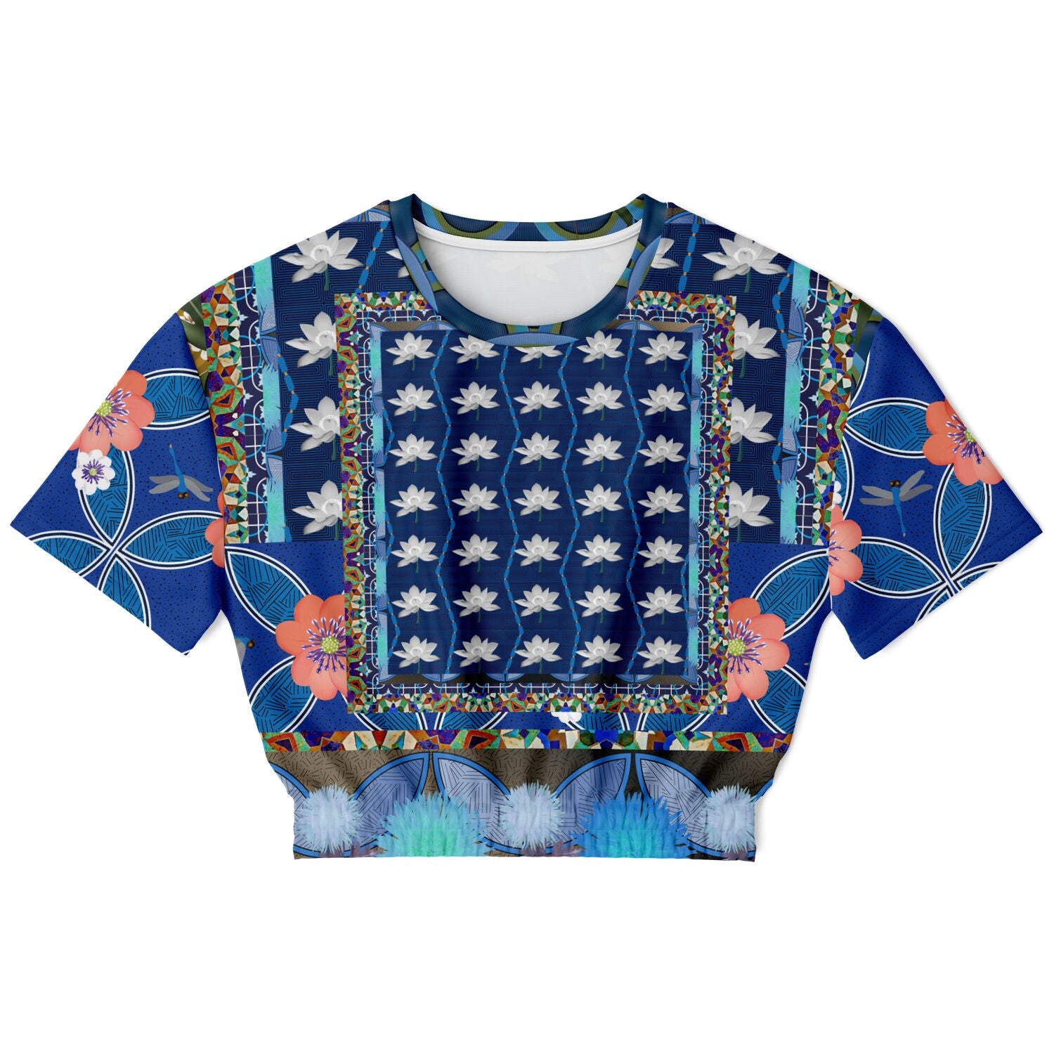 Dahlia Lama Lotus Flower Print Eco-Poly Short Sleeve Cropped Sweater