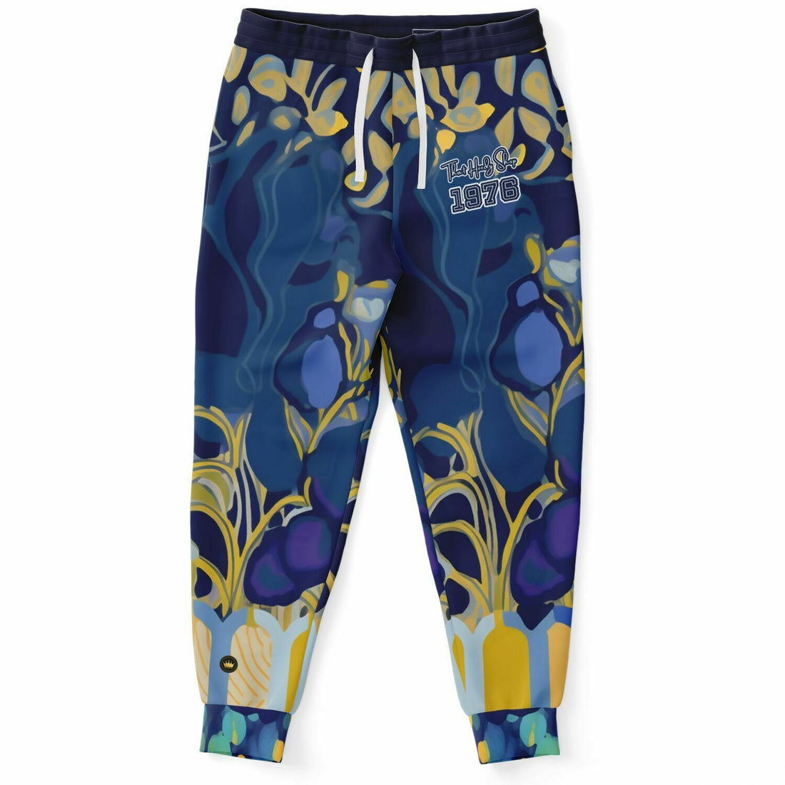 Joggers unisex de poliéster ecológico con estampado floral abstracto azul de Mass Hypnosis 