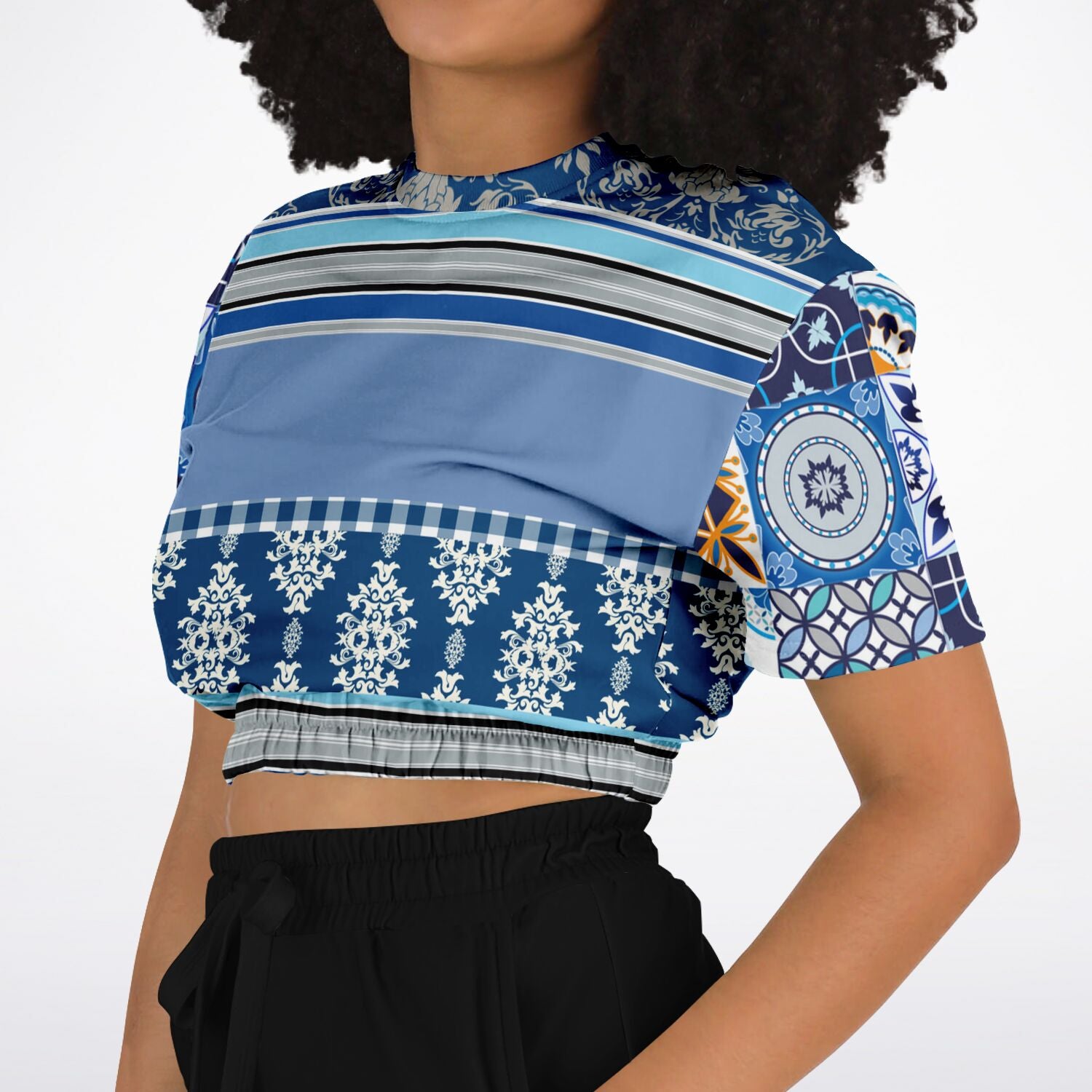 Blue Agadir Moroccan Tile Short Sleeve Cropped Eco-Poly Sweater