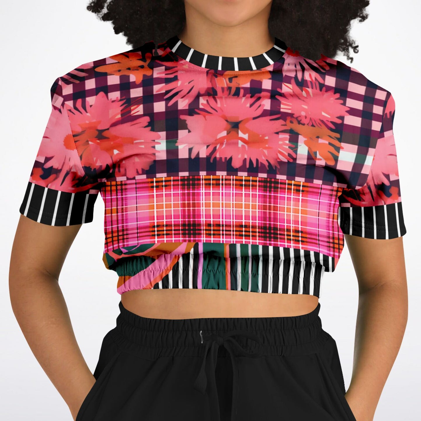 Pink Chrysanthemum Plaid Floral Eco-Poly Short Sleeve Cropped Sweater