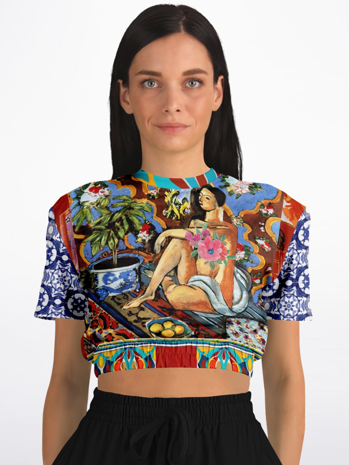 Decorative Figure in Ornamental Eco-Poly Short Sleeve Cropped Pullover