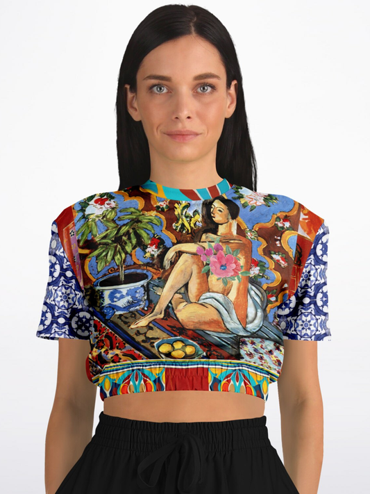 Decorative Figure in Ornamental Eco-Poly Short Sleeve Cropped Pullover