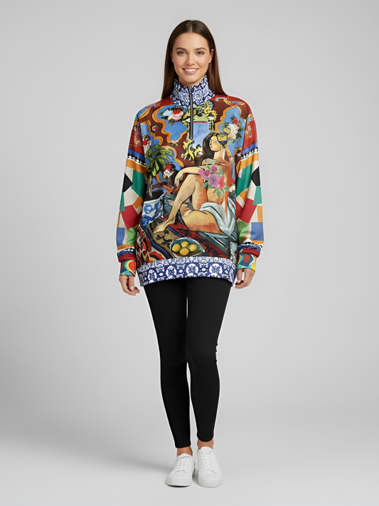 Decorative Figure in Ornamental Heavyweight Oversized Quarter Zip Sweatshirt