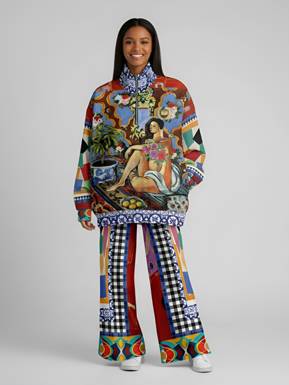 Decorative Figure in Ornamental Heavyweight Oversized Quarter Zip Sweatshirt