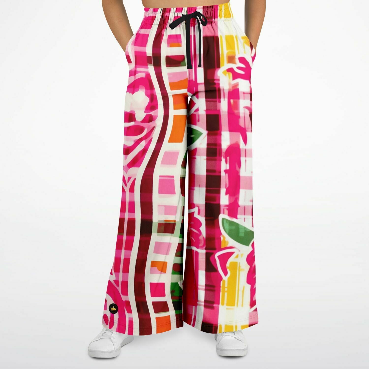 Cabbage Rose Pink Floral Plaid Eco-Poly Flare Leg Pants