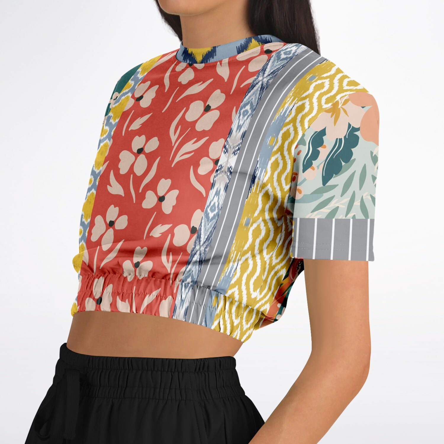 Tallulah Bankhead Yellow Patchwork Short Sleeve Cropped Sweater