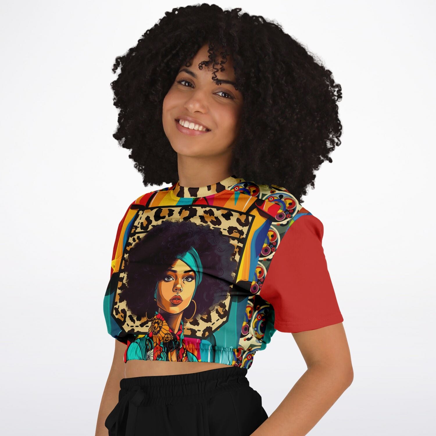 Afro-Queen Solace Cheetah Rainbow Geo Eco-Poly Short Sleeve Cropped Sweater