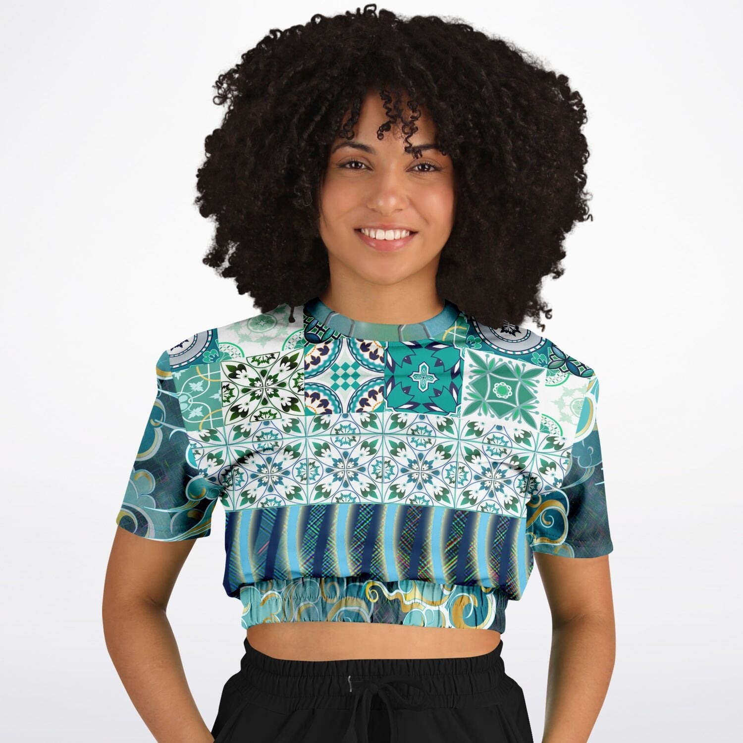Green Meknes Mosaic Tile Eco-Poly Short Sleeve Cropped Pullover