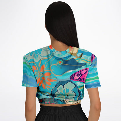 Bahamian Blue Waves Butterfly Eco-Poly Short Sleeve Cropped Sweatshirt