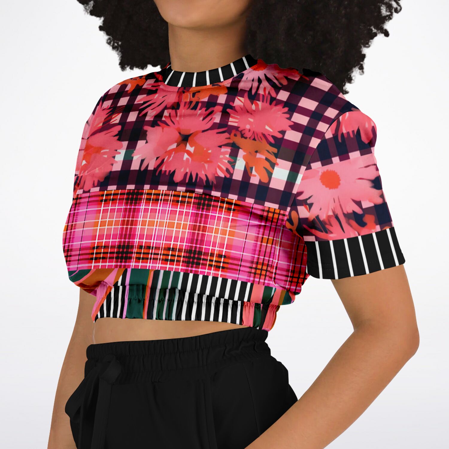 Pink Chrysanthemum Plaid Floral Eco-Poly Short Sleeve Cropped Sweater