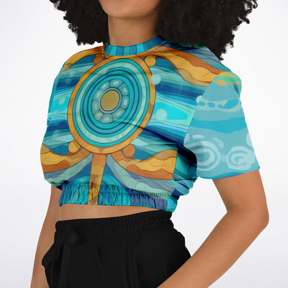 Bahamian Blue Waves Compass Eco-Poly Short Sleeve Cropped Sweater