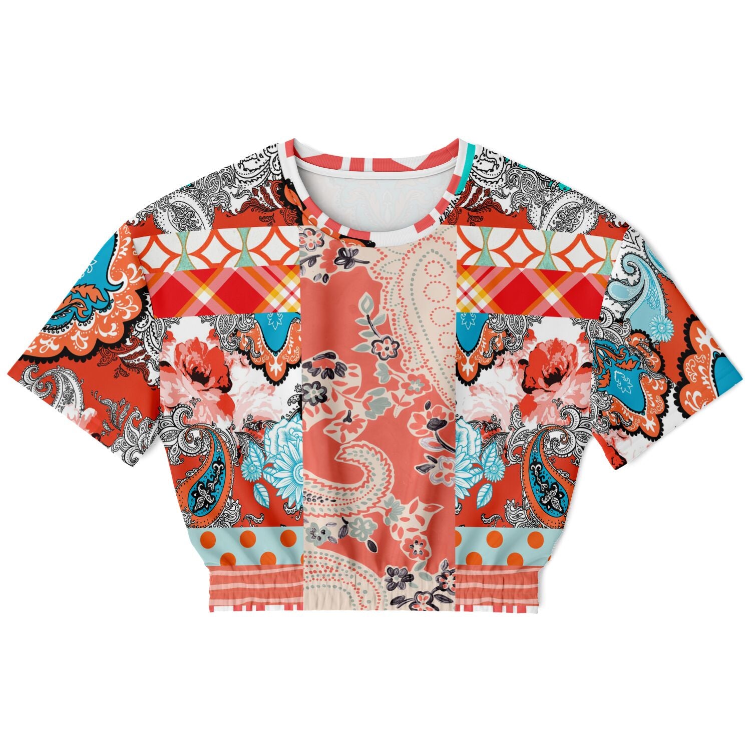 Coral Springs Hippie Patchwork Eco-Poly Short Sleeve Cropped Sweater