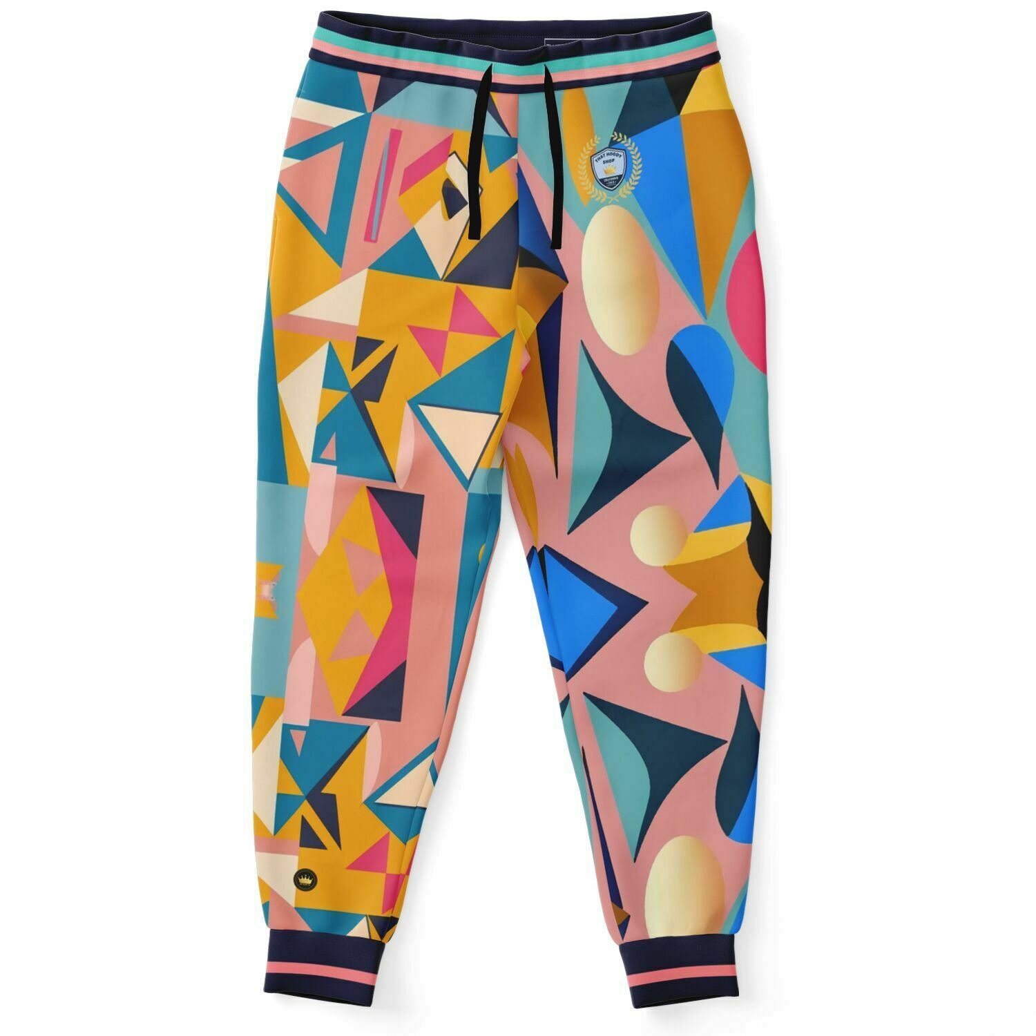 Joggers unisex de poliéster ecológico con estampado geométrico de cubismo rosa 