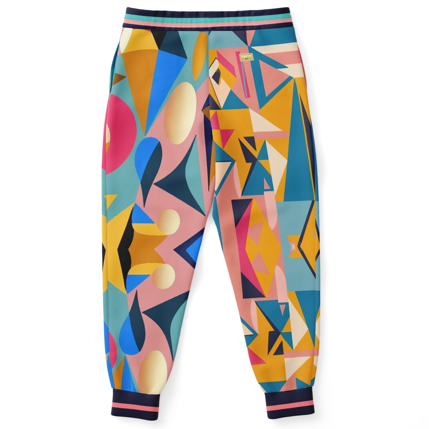 Joggers unisex de poliéster ecológico con estampado geométrico de cubismo rosa 