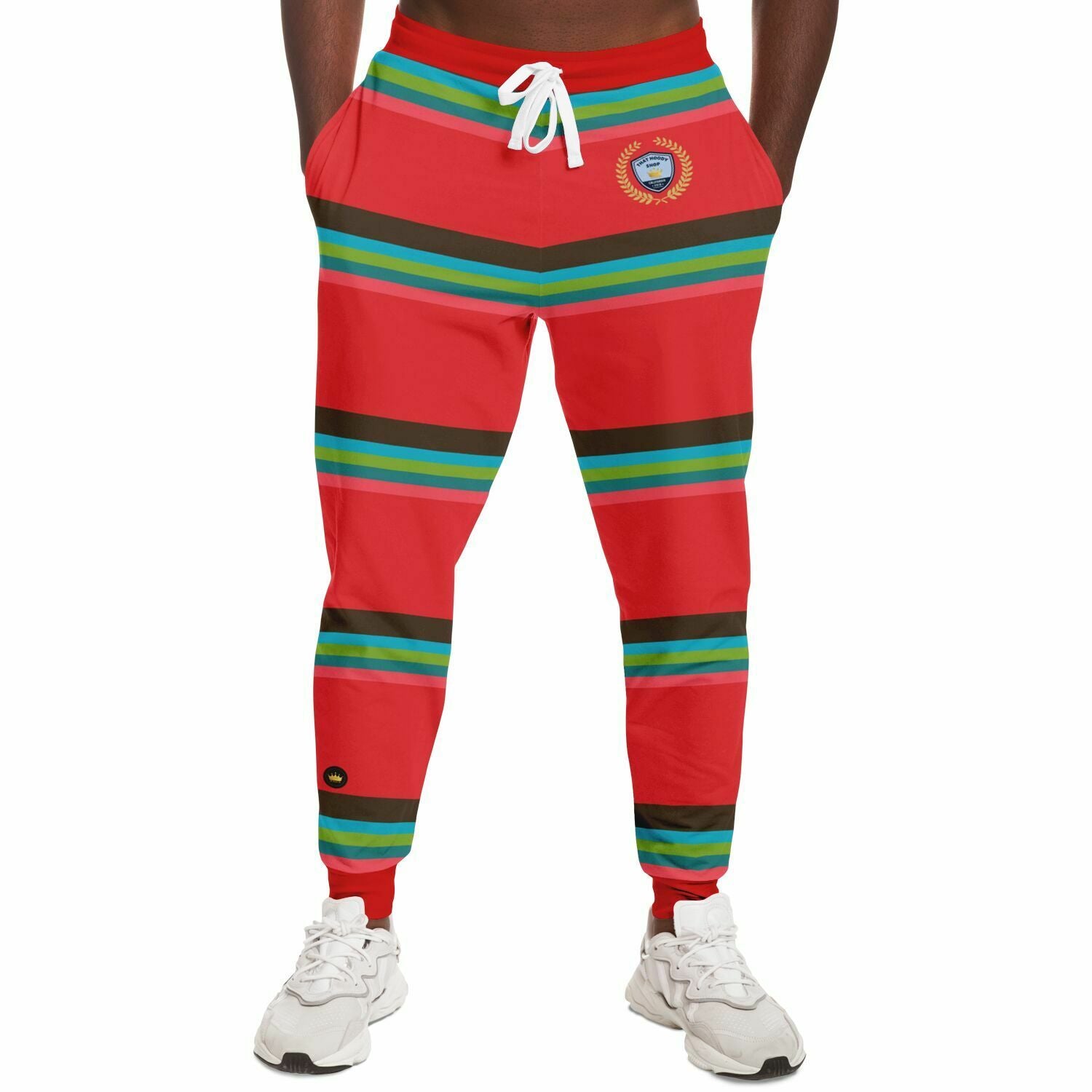 Joggers unisex de poliéster ecológico con rayas de rugby Watermelon Crush